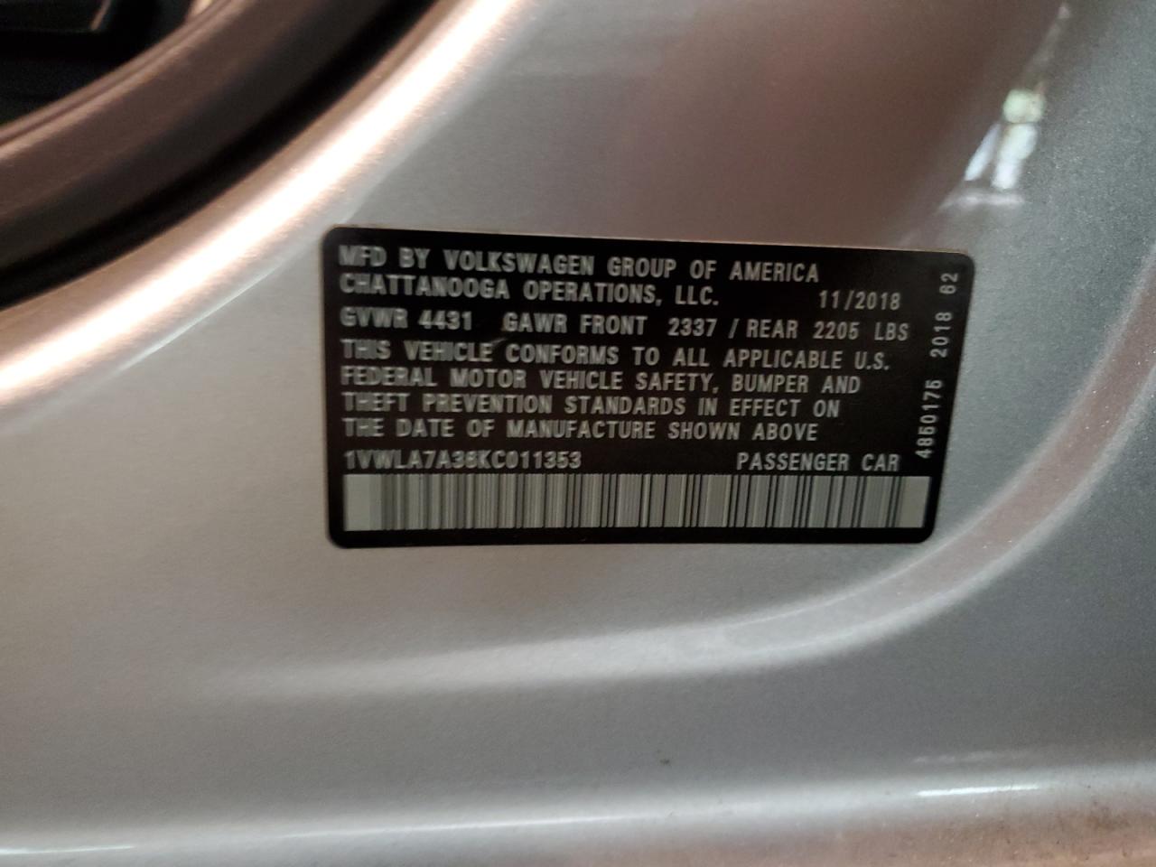 2019 Volkswagen Passat Wolfsburg VIN: 1VWLA7A36KC011353 Lot: 65001564