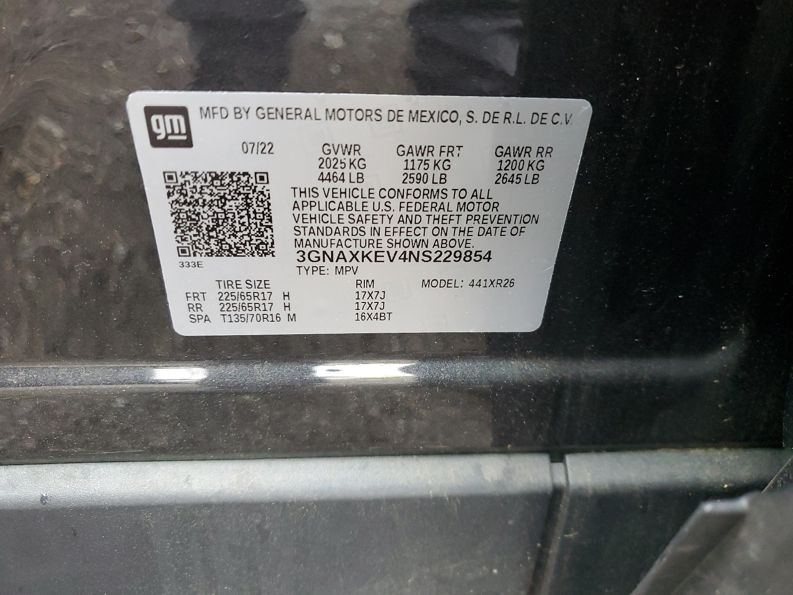 3GNAXKEV4NS229854 2022 Chevrolet Equinox Lt