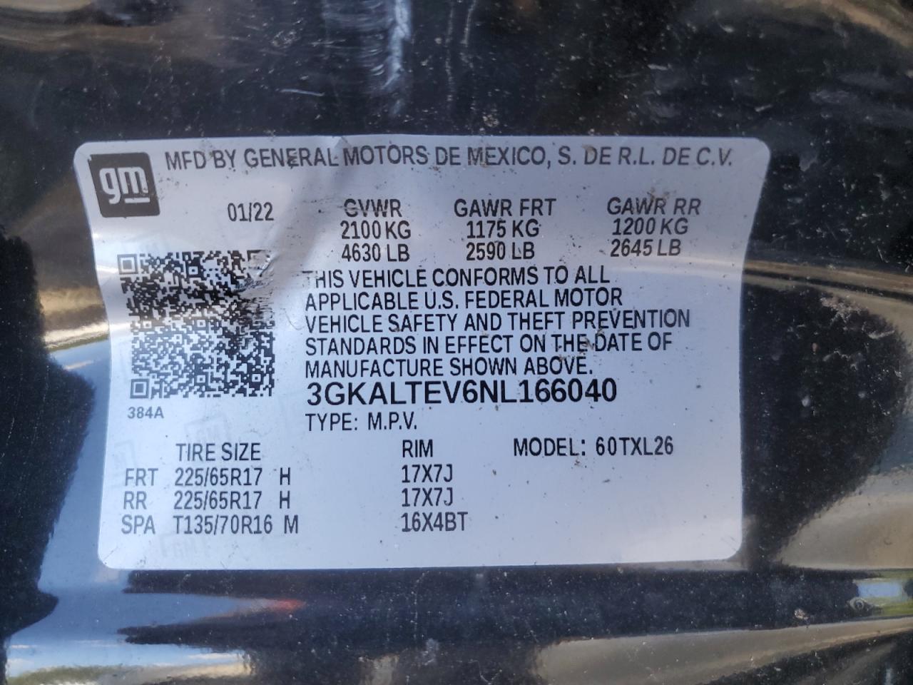 2022 GMC Terrain Sle VIN: 3GKALTEV6NL166040 Lot: 61254444