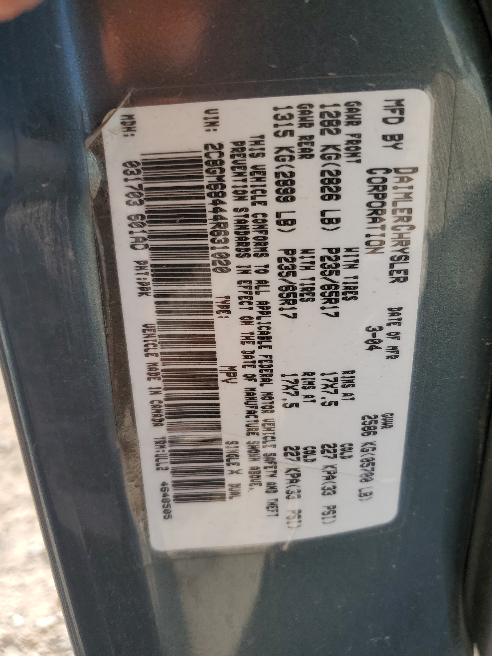 2C8GM68444R631020 2004 Chrysler Pacifica