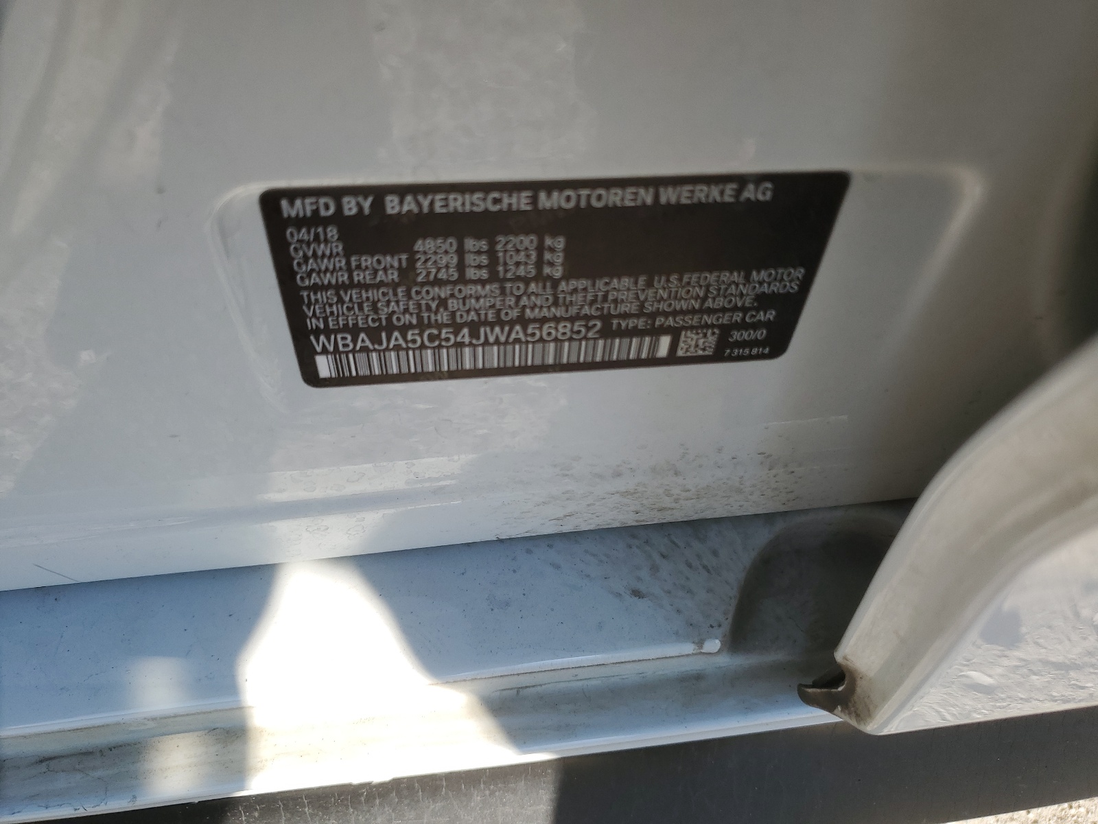 WBAJA5C54JWA56852 2018 BMW 530 I