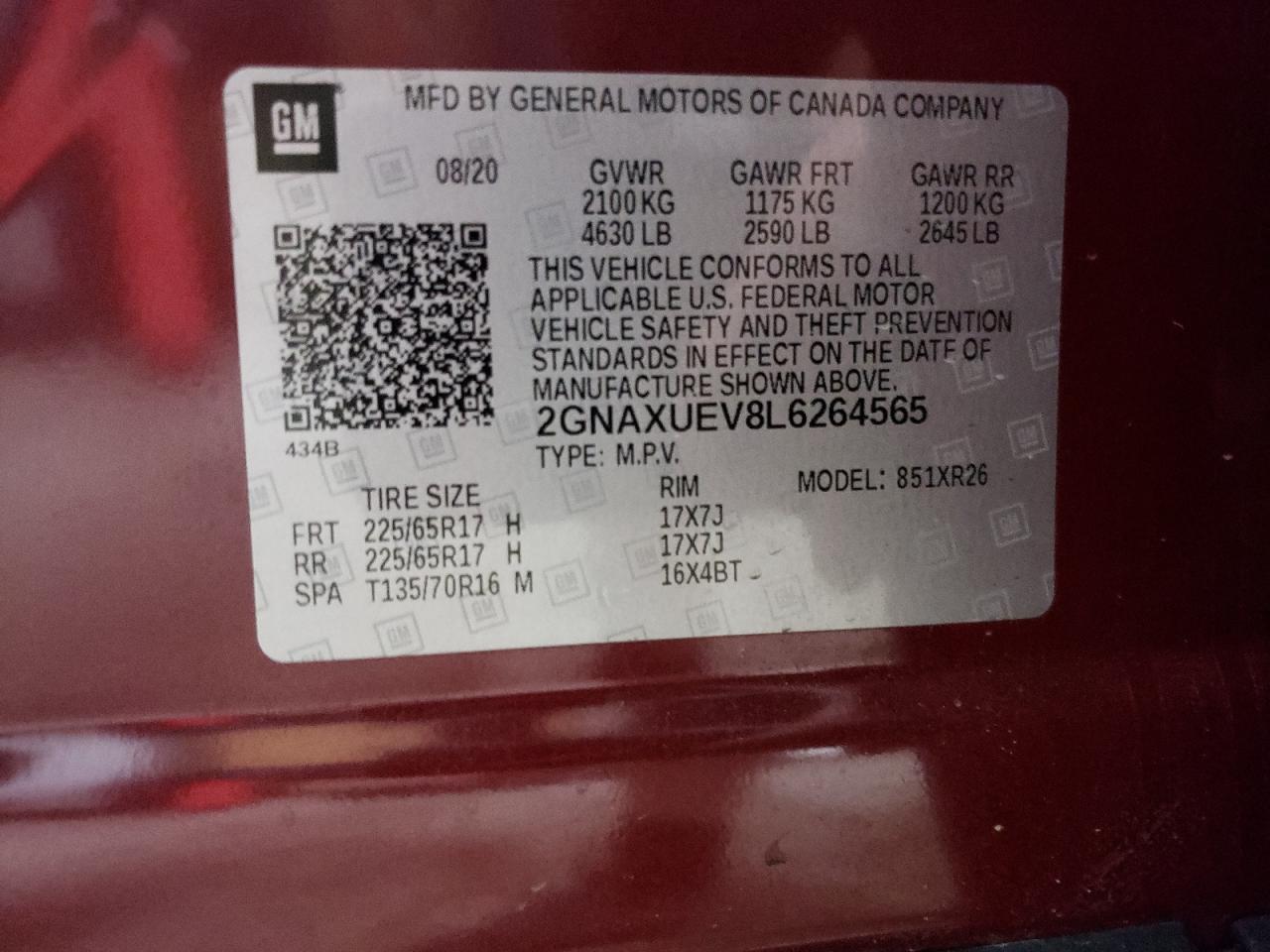 2020 Chevrolet Equinox Lt VIN: 2GNAXUEV8L6264565 Lot: 61908604