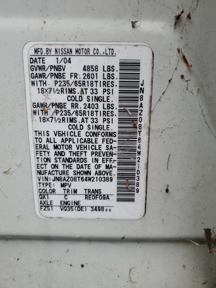 2004 Nissan Murano Sl VIN: JN8AZ08T64W210389 Lot: 64298334