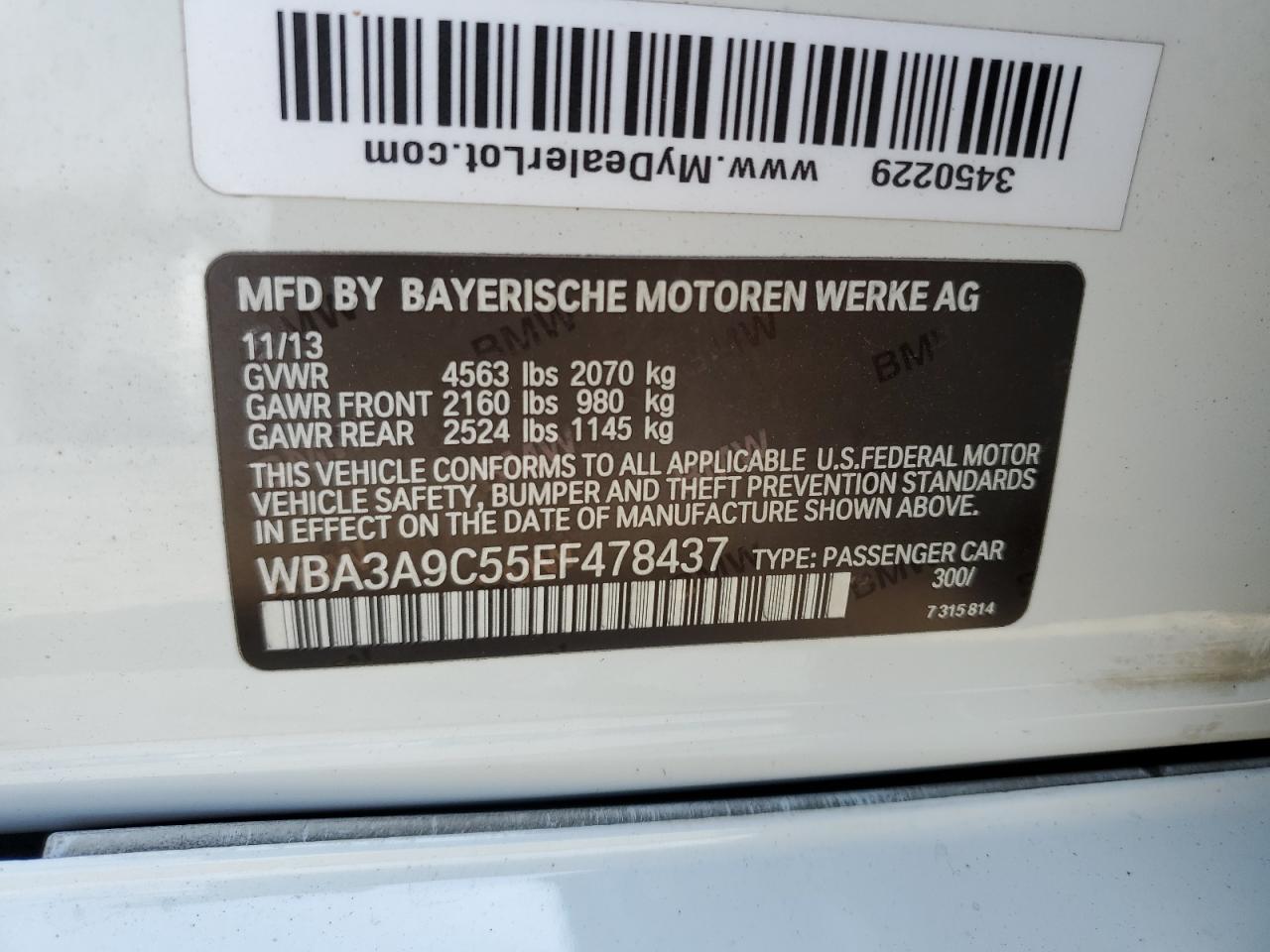 2014 BMW 335 I VIN: WBA3A9C55EF478437 Lot: 62366824