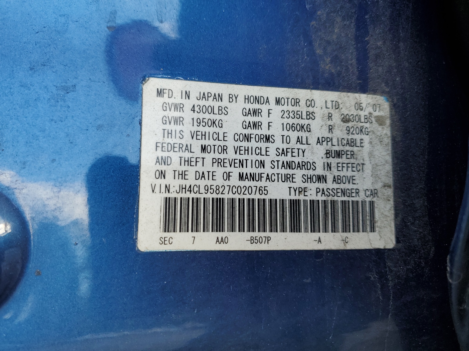 JH4CL95827C020765 2007 Acura Tsx