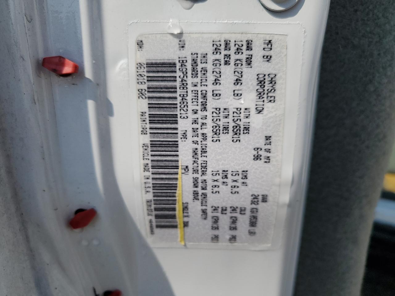 1996 Dodge Grand Caravan Le VIN: 1B4GP54R8TB465213 Lot: 62725624