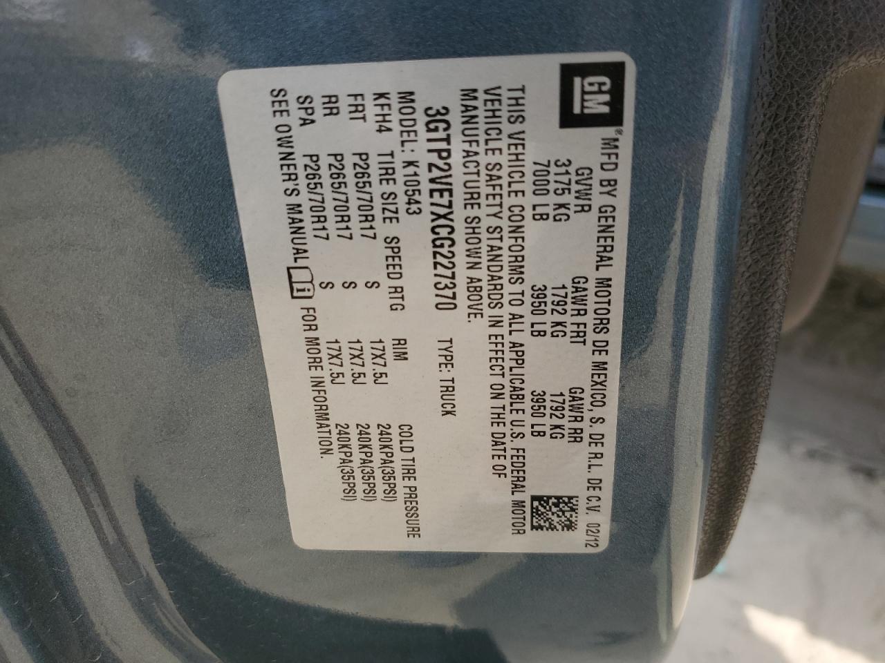 2012 GMC Sierra K1500 Sle VIN: 3GTP2VE7XCG227370 Lot: 60972884