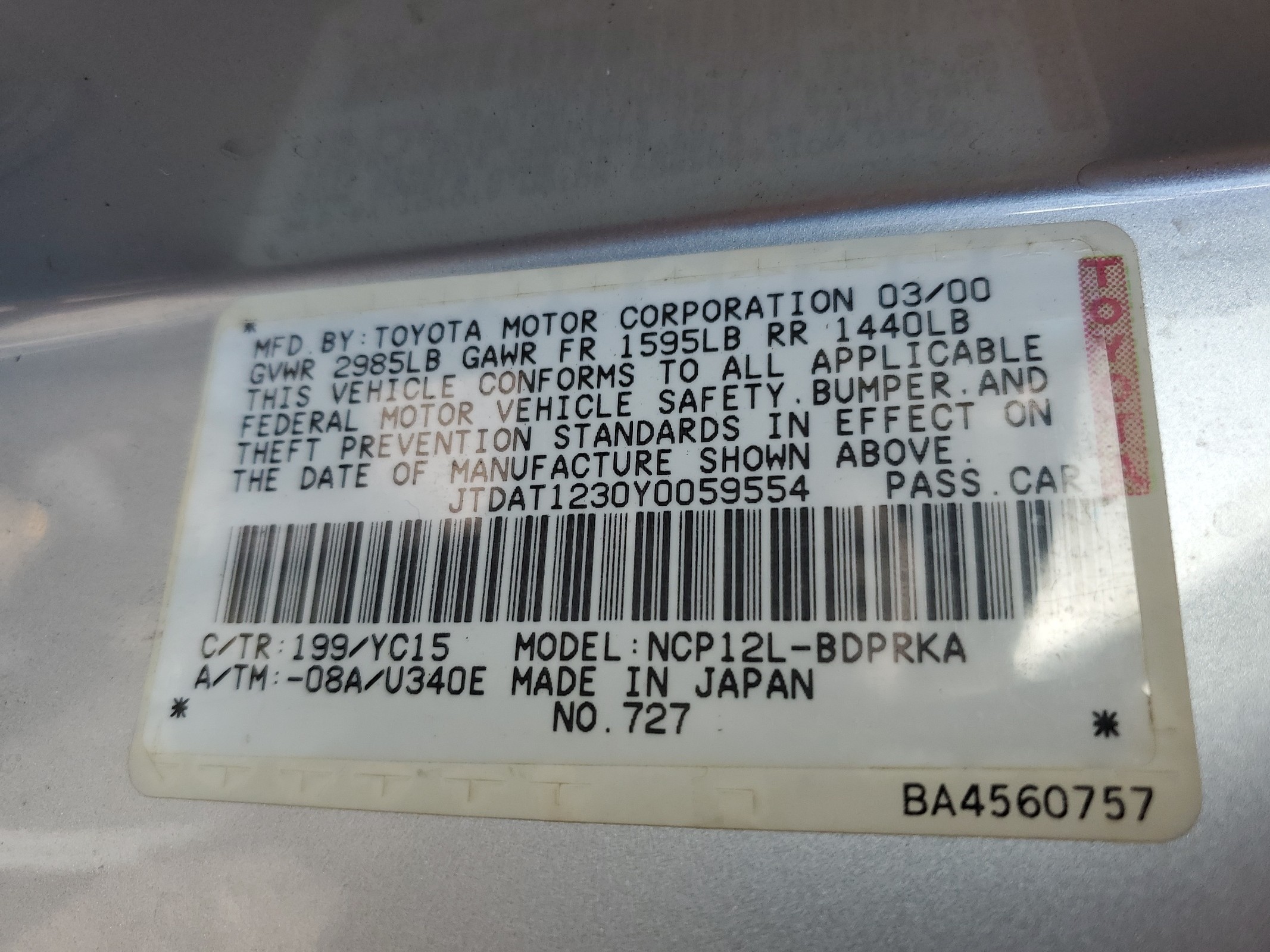 JTDAT1230Y0059554 2000 Toyota Echo