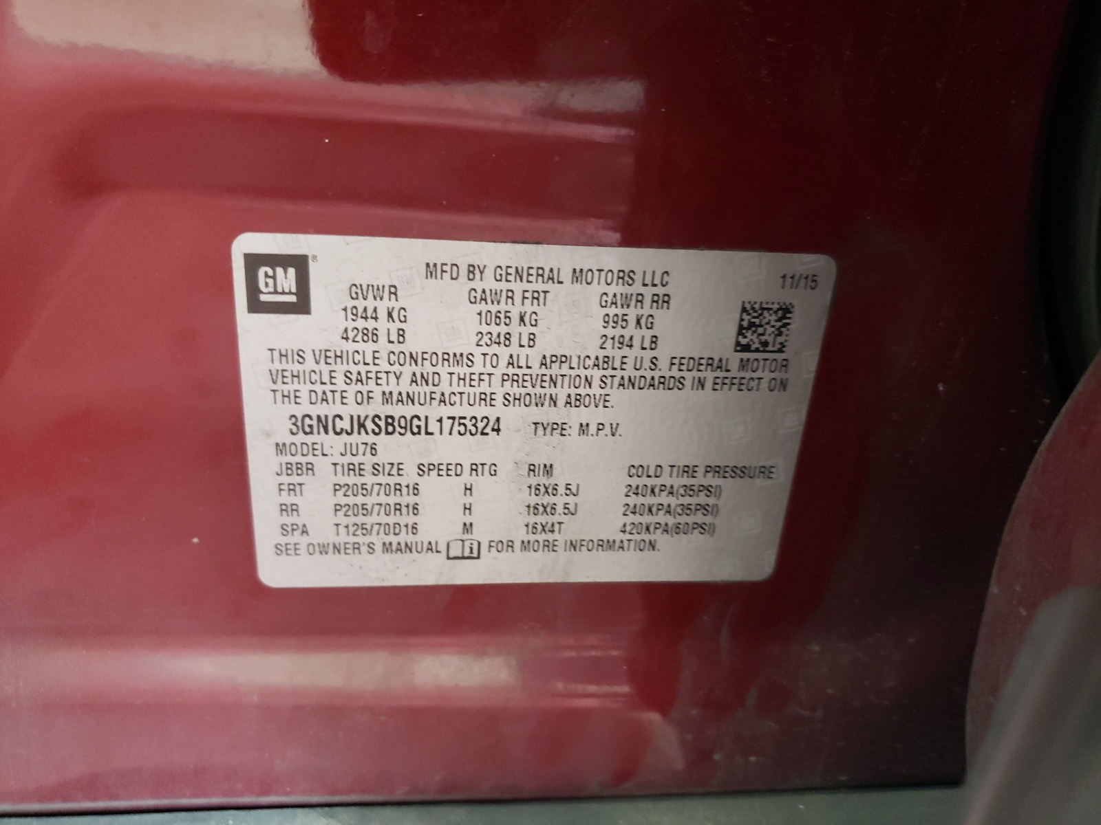 3GNCJKSB9GL175324 2016 Chevrolet Trax Ls