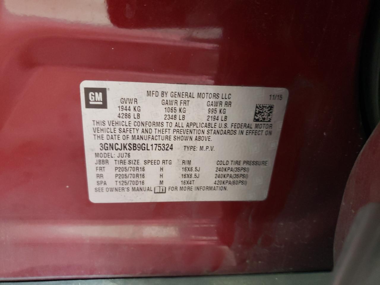 2016 Chevrolet Trax Ls VIN: 3GNCJKSB9GL175324 Lot: 63513644