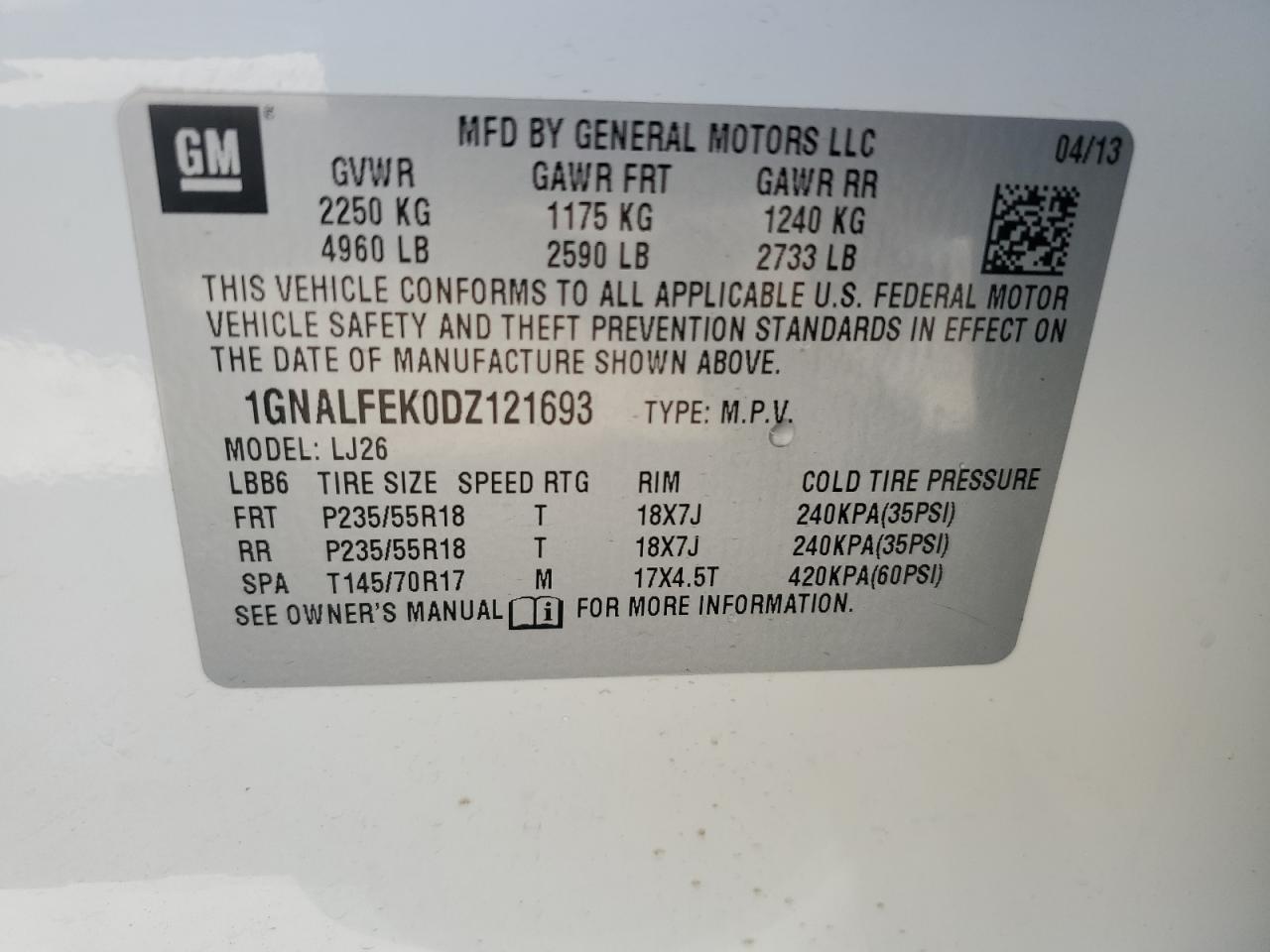 1GNALFEK0DZ121693 2013 Chevrolet Equinox Ltz