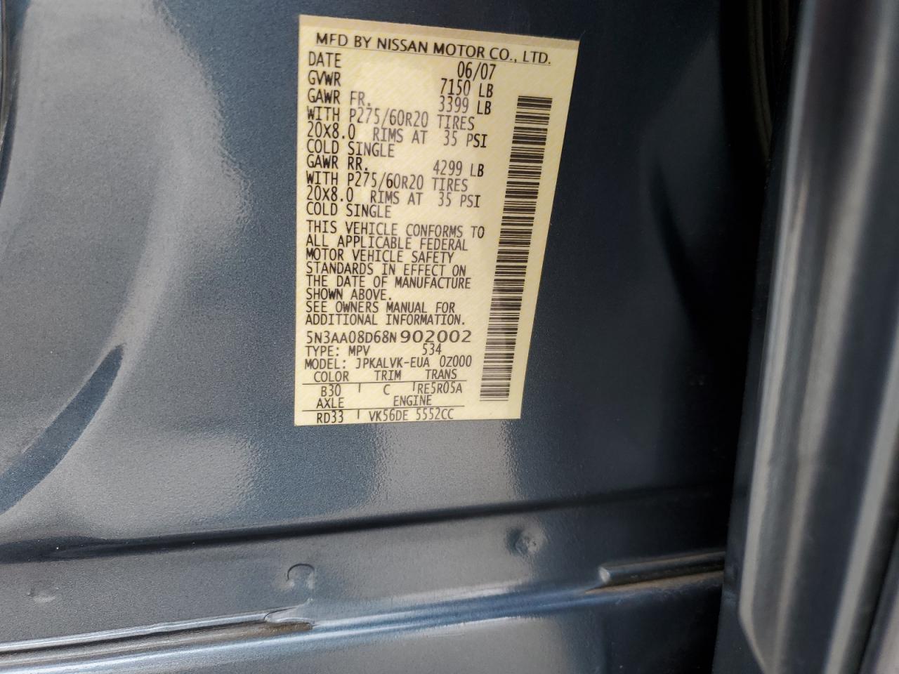 2008 Infiniti Qx56 VIN: 5N3AA08D68N902002 Lot: 62257804