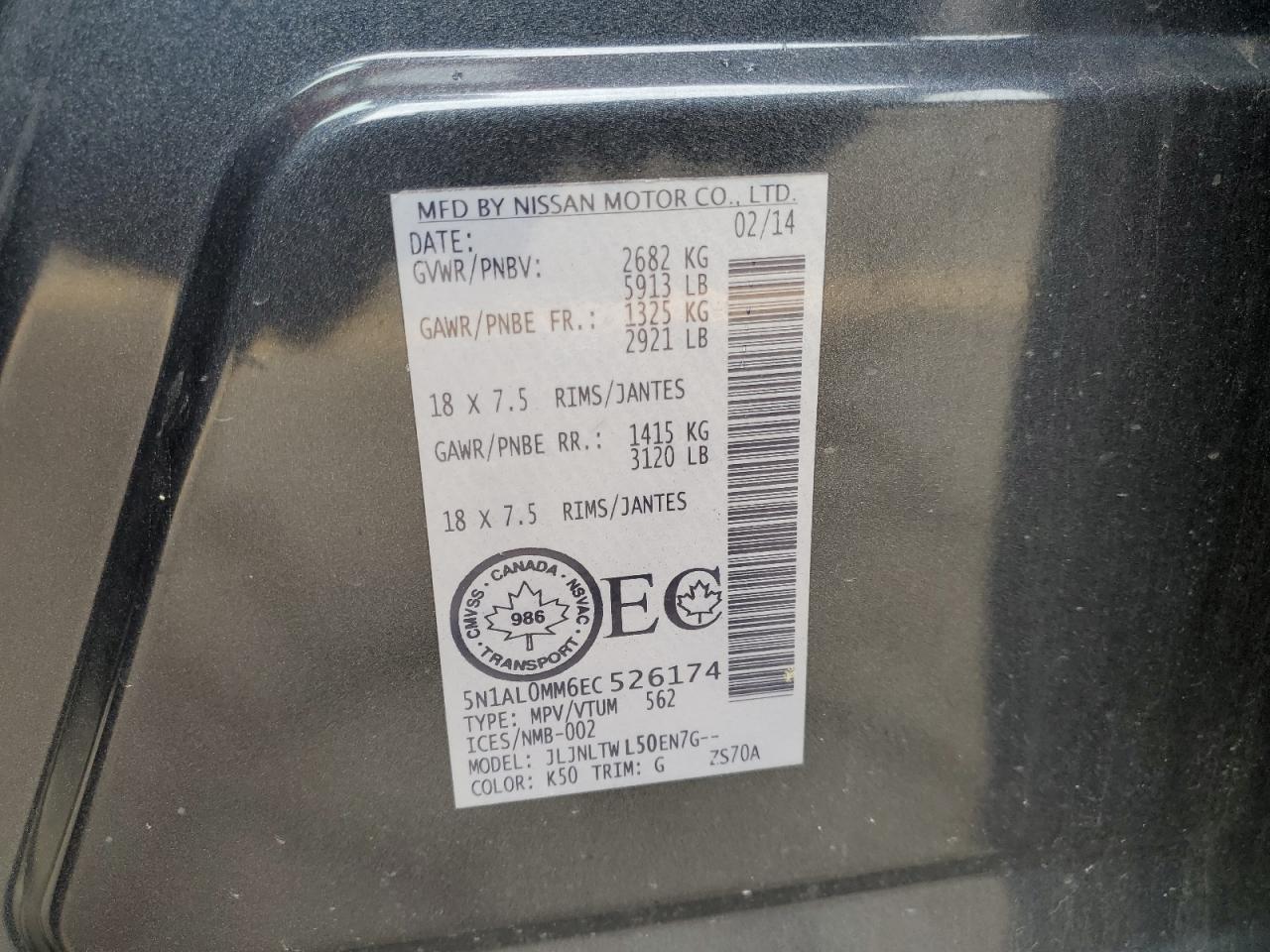 2014 Infiniti Qx60 VIN: 5N1AL0MM6EC526174 Lot: 62559764