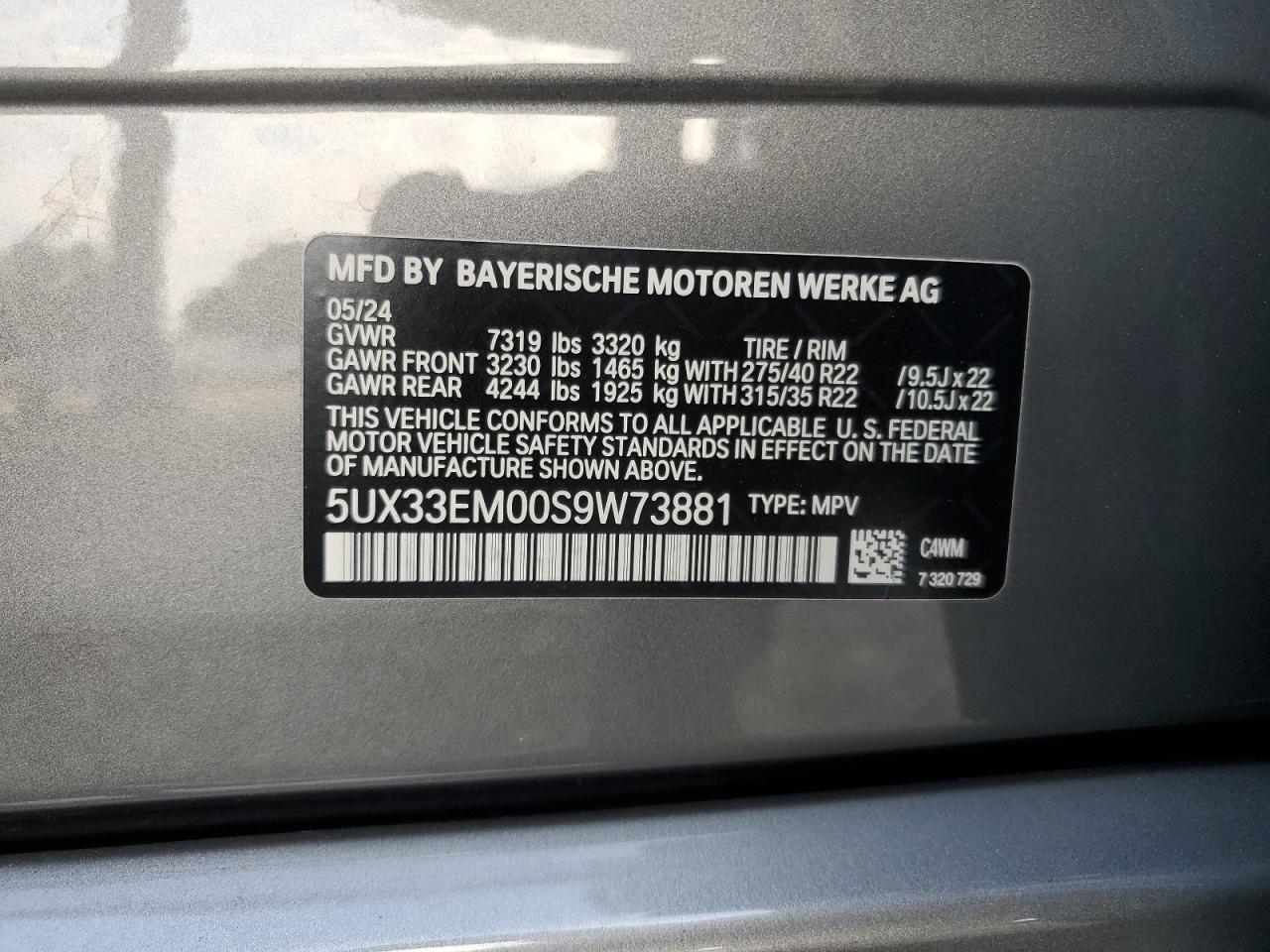 2025 BMW X7 M60I VIN: 5UX33EM00S9W73881 Lot: 60385724