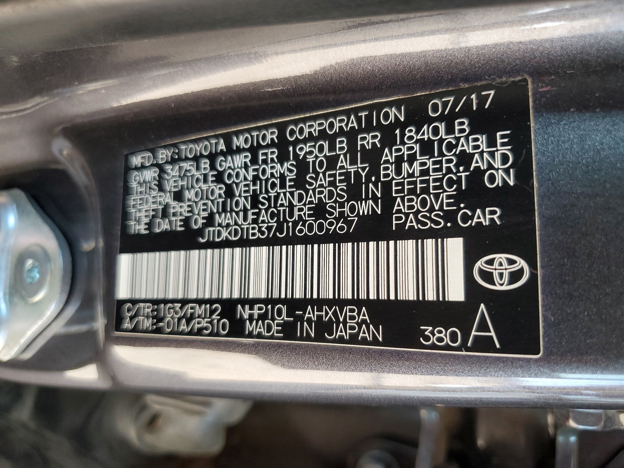 JTDKDTB37J1600967 2018 Toyota Prius C