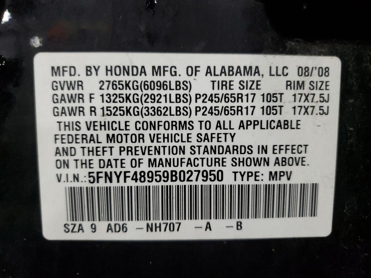 5FNYF48959B027950 2009 Honda Pilot Touring