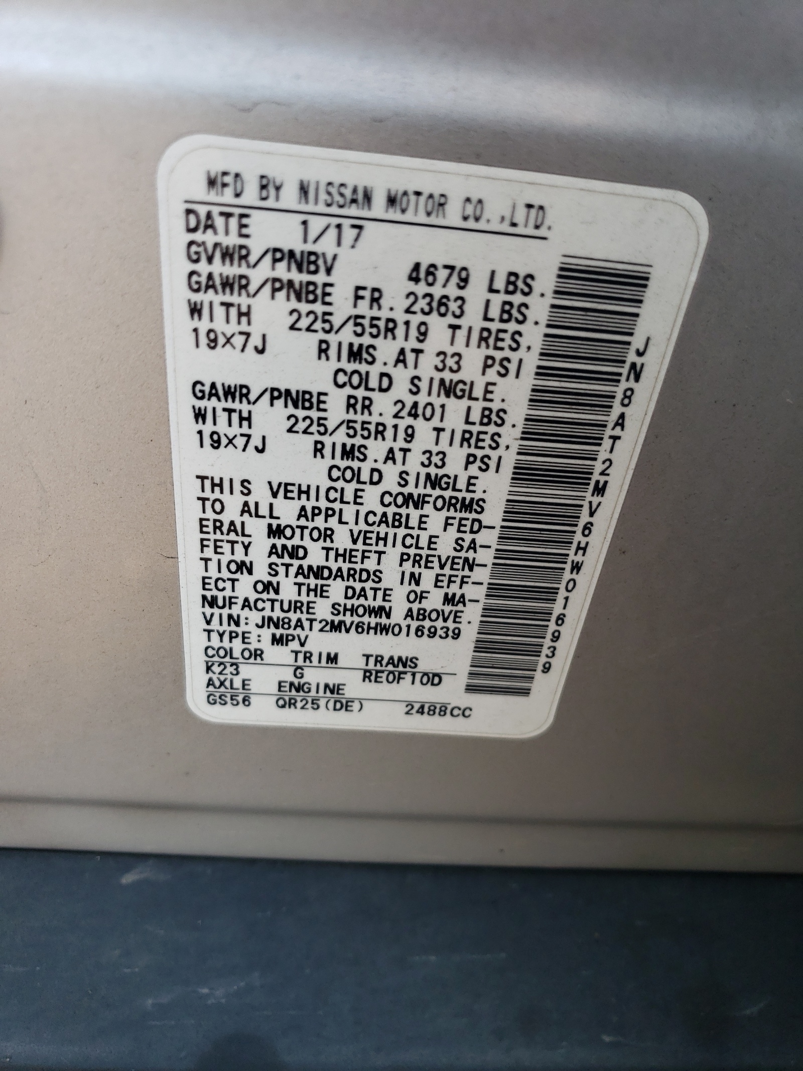 JN8AT2MV6HW016939 2017 Nissan Rogue S