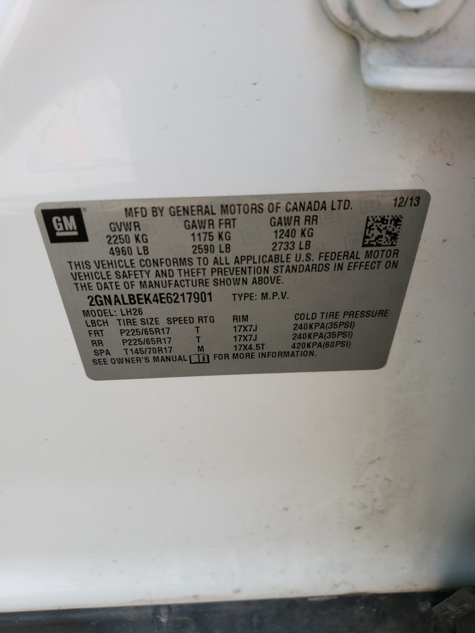 2GNALBEK4E6217901 2014 Chevrolet Equinox Lt