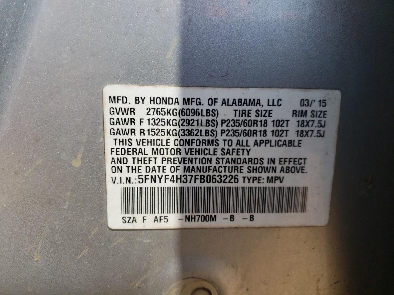 5FNYF4H37FB063226 2015 HONDA PILOT - Image 14