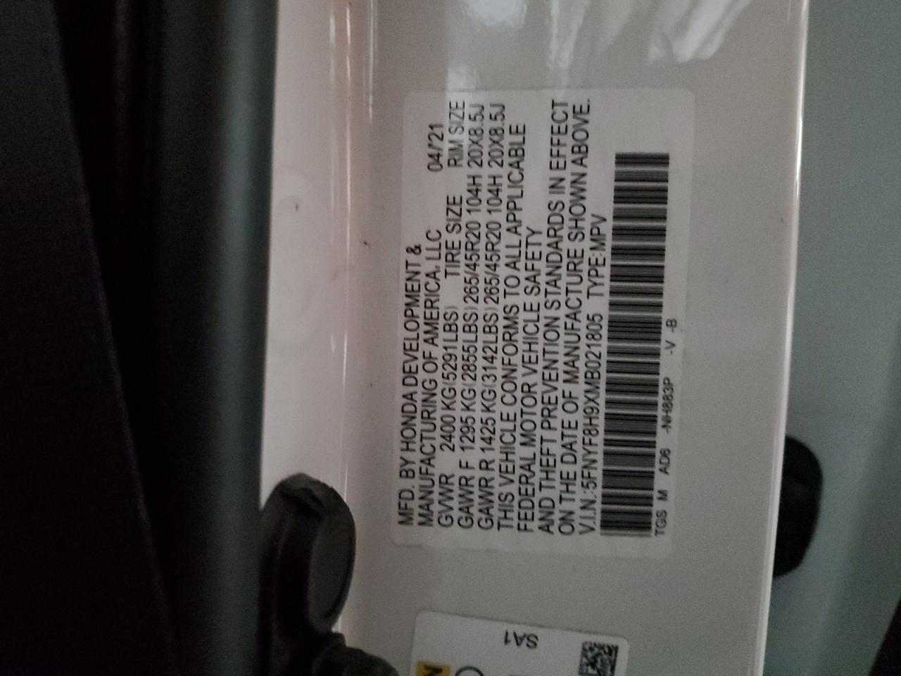 2021 Honda Passport Touring VIN: 5FNYF8H9XMB021805 Lot: 65139934