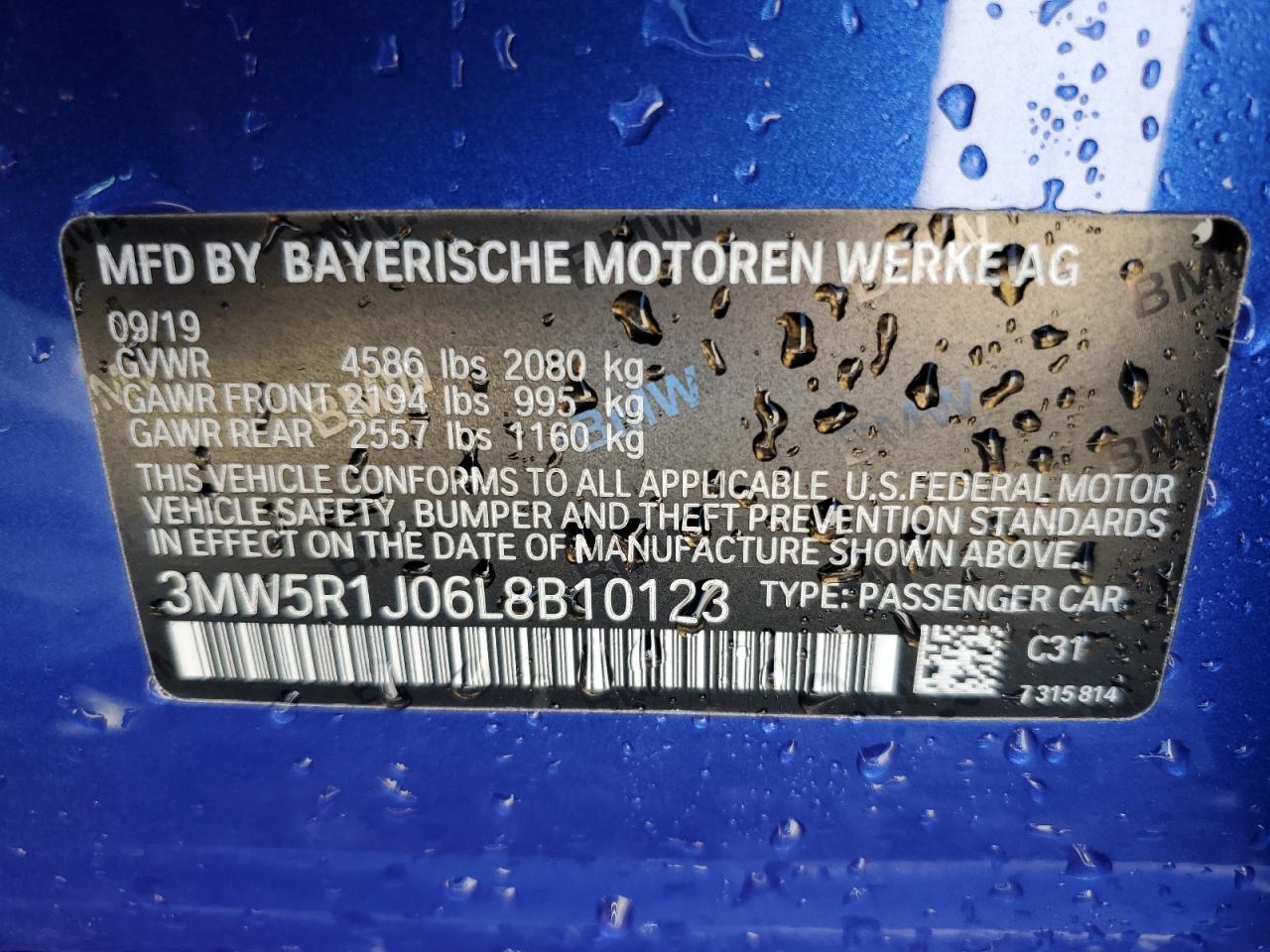 2020 BMW 330I VIN: 3MW5R1J06L8B10123 Lot: 62537204