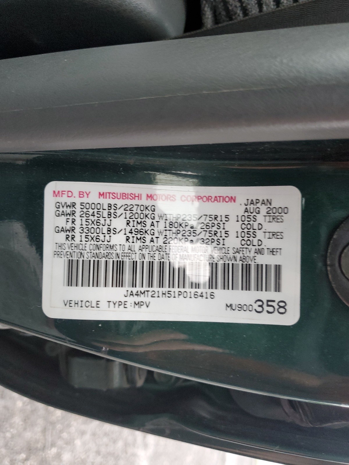 JA4MT21H51P016416 2001 Mitsubishi Montero Sport Es