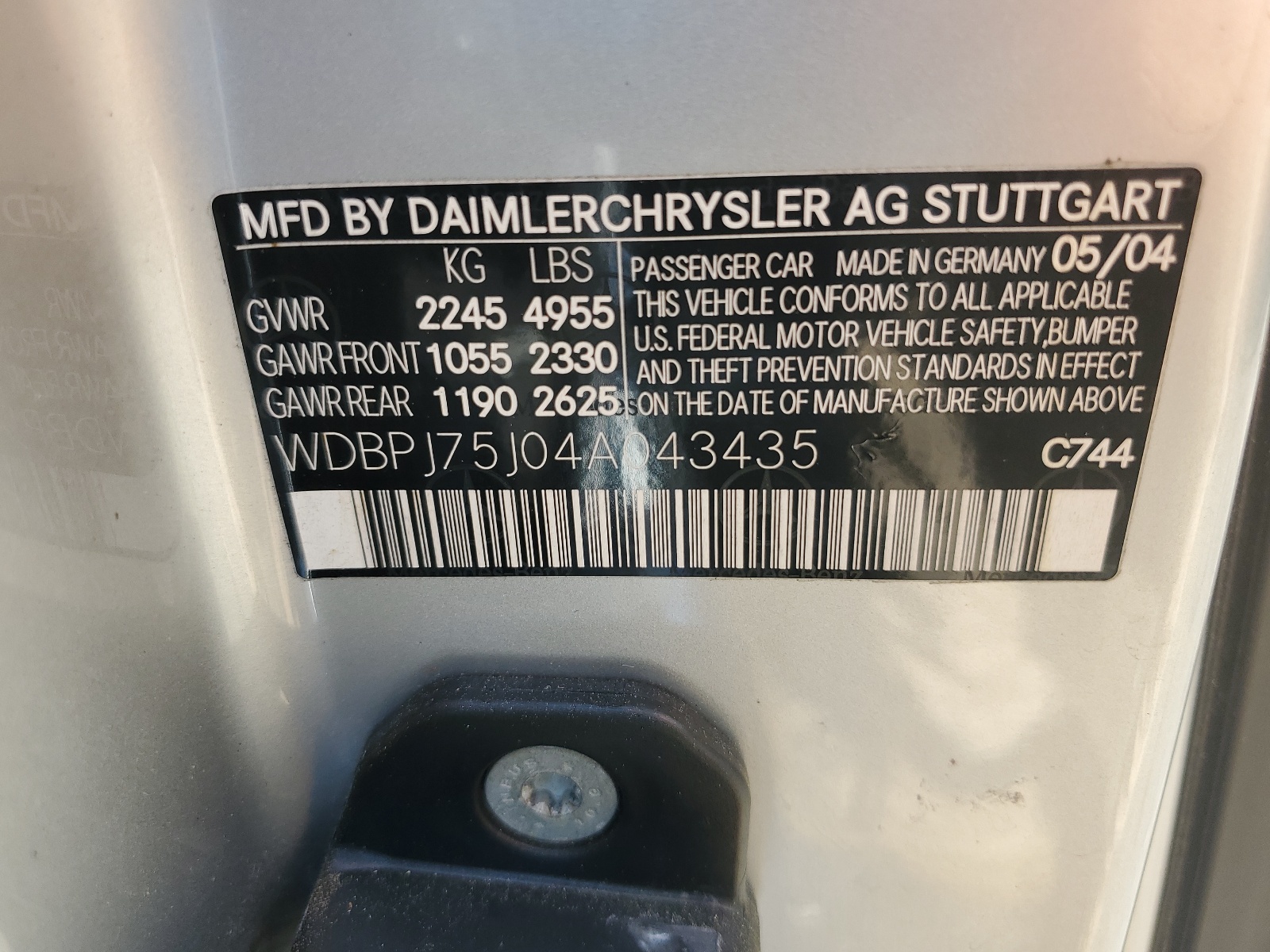 WDBPJ75J04A043435 2004 Mercedes-Benz Cl 500