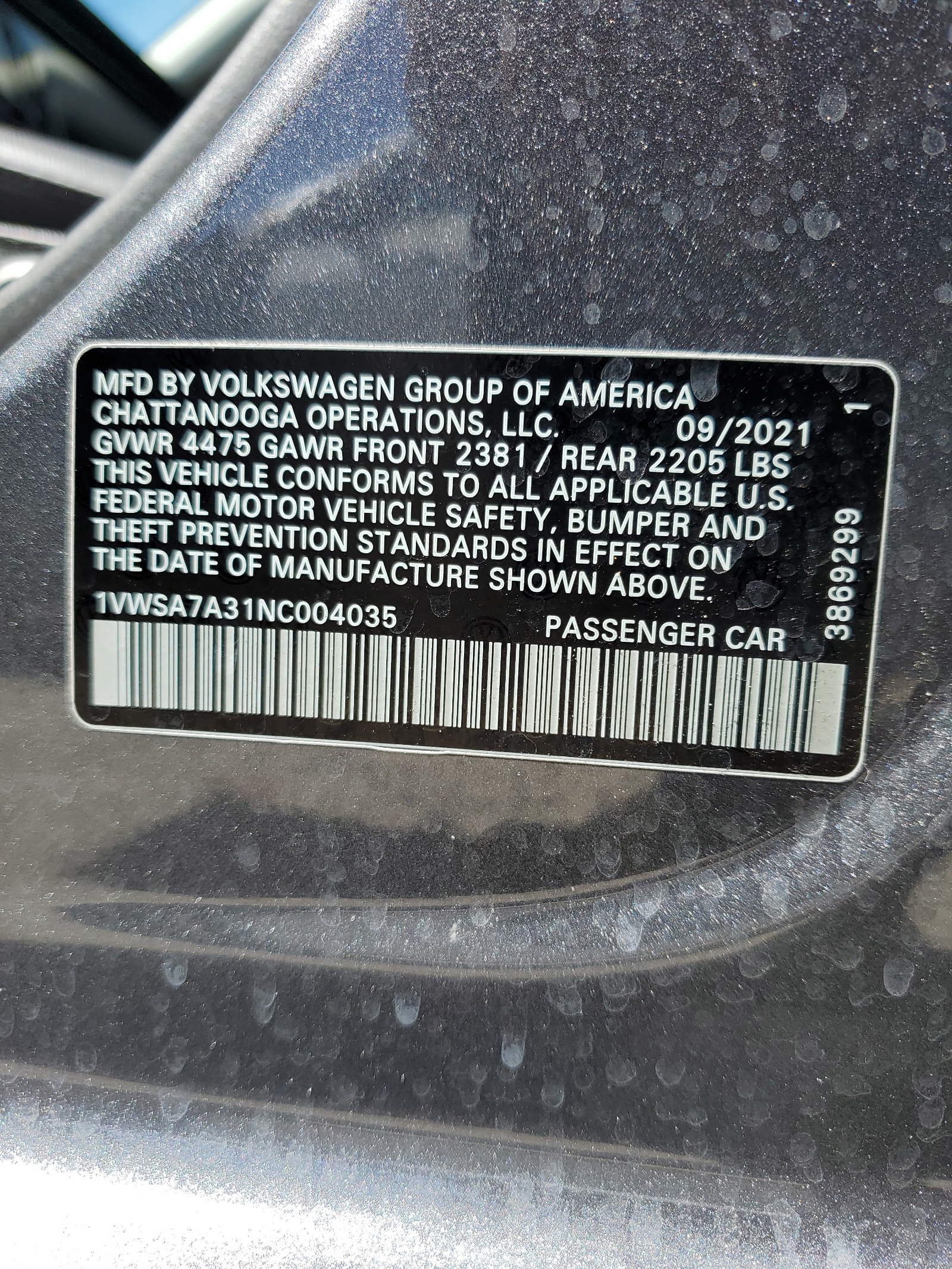 1VWSA7A31NC004035 2022 Volkswagen Passat Se