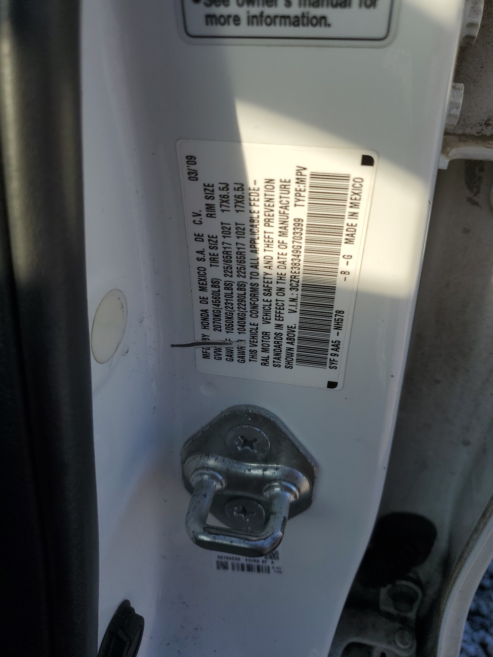 3CZRE38349G703399 2009 Honda Cr-V Lx