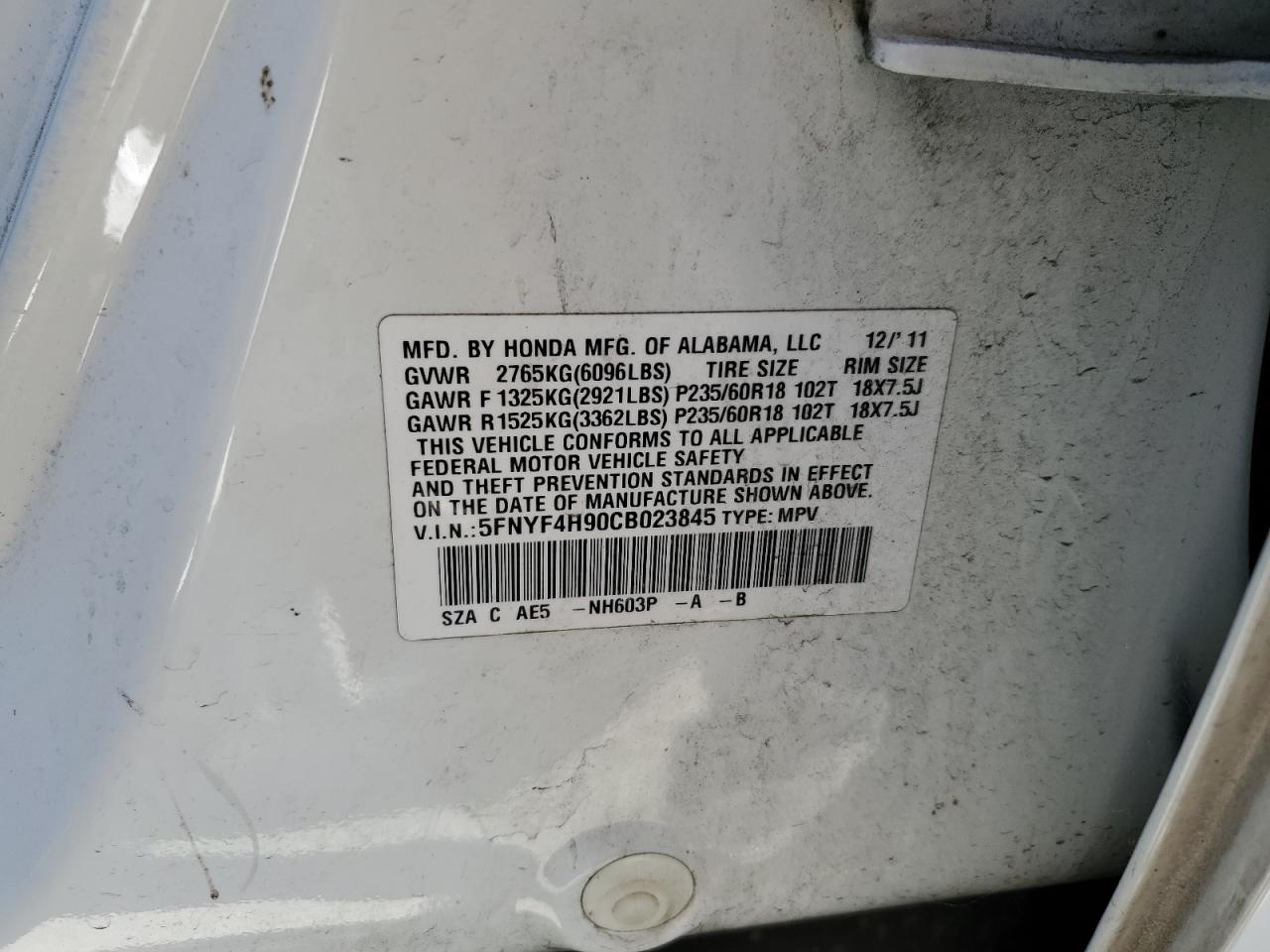 2012 Honda Pilot Touring VIN: 5FNYF4H90CB023845 Lot: 64116354