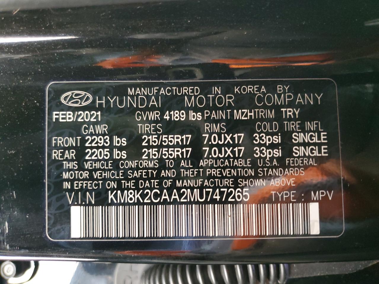 KM8K2CAA2MU747265 2021 Hyundai Kona Sel