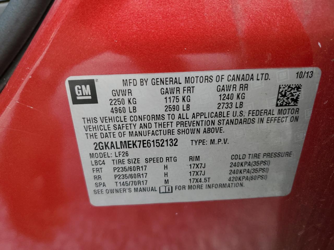 2014 GMC Terrain Sle VIN: 2GKALMEK7E6152132 Lot: 63097434