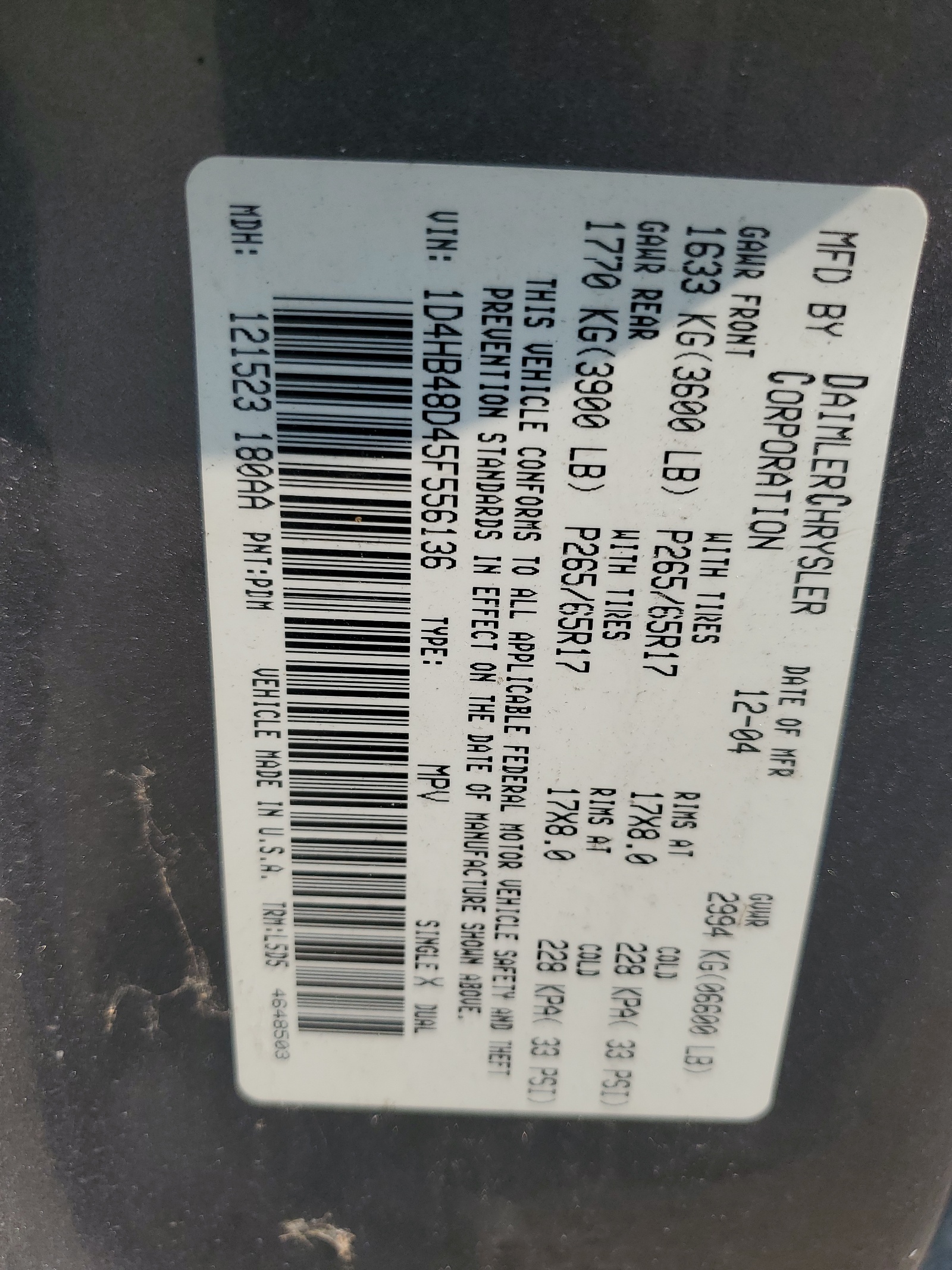 1D4HB48D45F556136 2005 Dodge Durango Slt