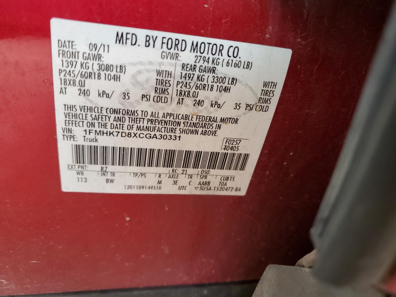 2012 Ford Explorer Xlt VIN: 1FMHK7D8XCGA30331 Lot: 63461834