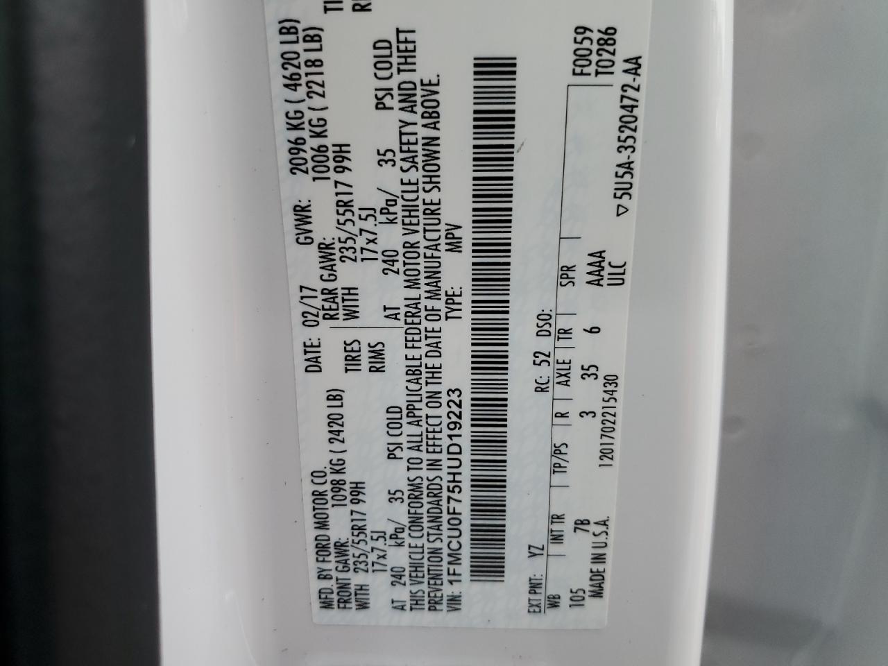 2017 Ford Escape S VIN: 1FMCU0F75HUD19223 Lot: 63667094