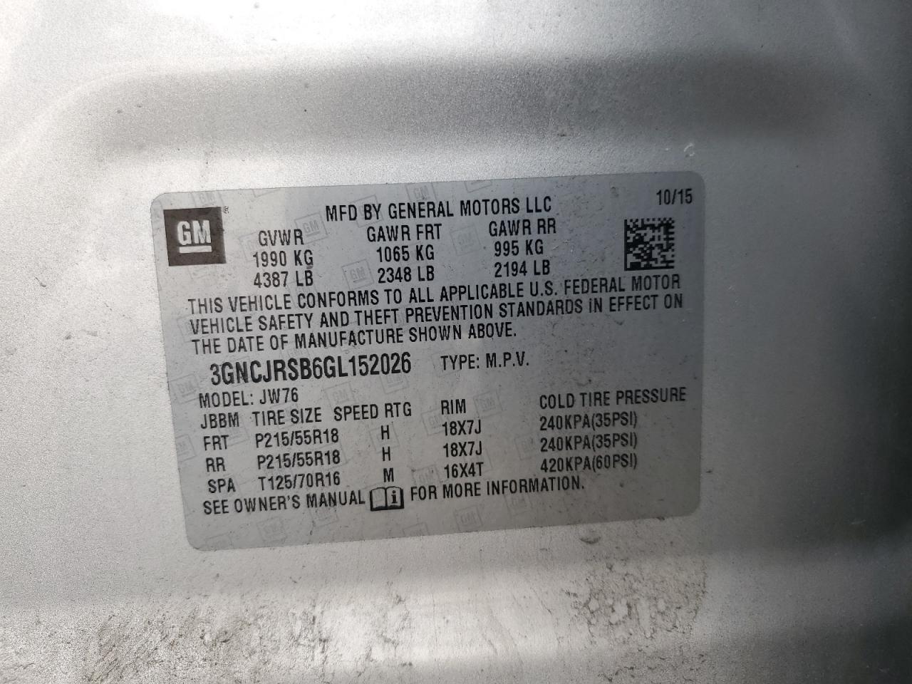 2016 Chevrolet Trax Ltz VIN: 3GNCJRSB6GL152026 Lot: 64803474