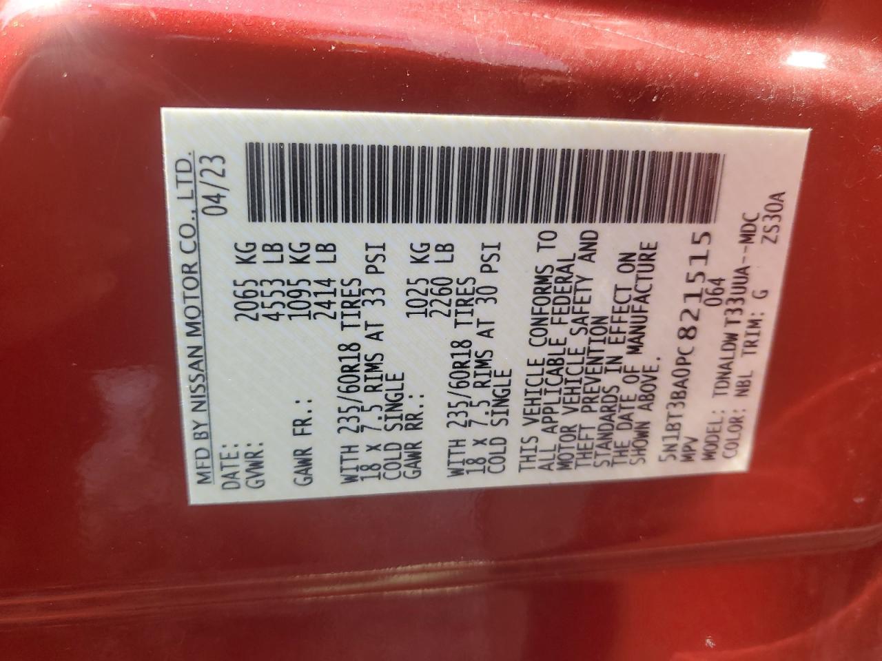 2023 Nissan Rogue Sv VIN: 5N1BT3BA0PC821515 Lot: 65559994