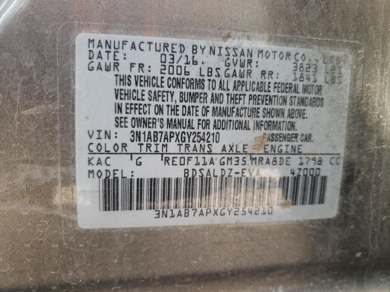 2016 Nissan Sentra S VIN: 3N1AB7APXGY254210 Lot: 61761564