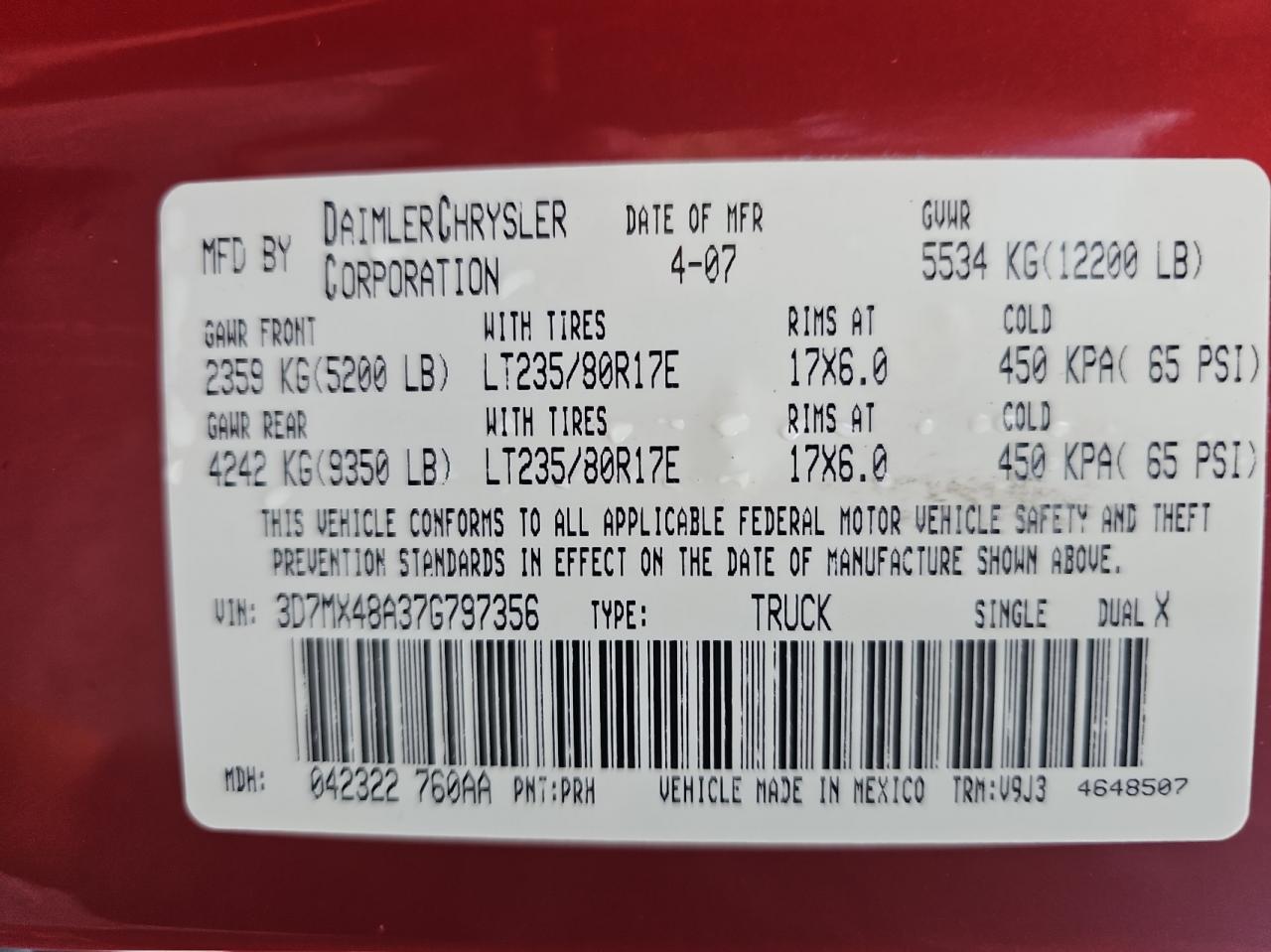 2007 Dodge Ram 3500 St VIN: 3D7MX48A37G797356 Lot: 64293324