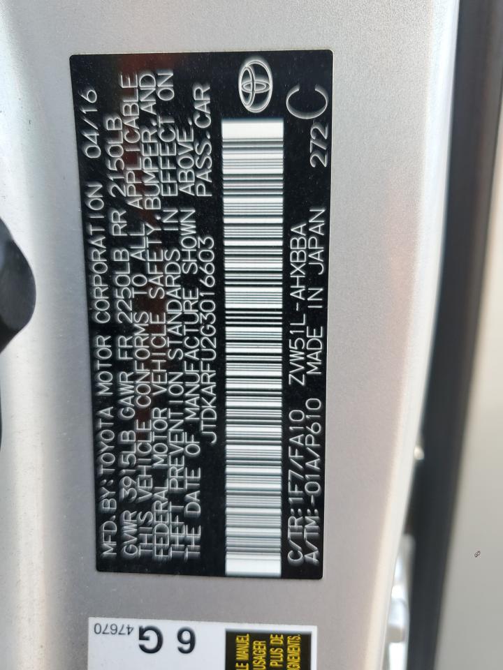 2016 Toyota Prius VIN: JTDKARFU2G3016603 Lot: 65711494