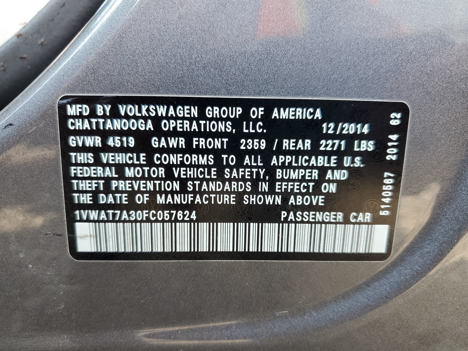 1VWAT7A30FC057624 2015 Volkswagen Passat S