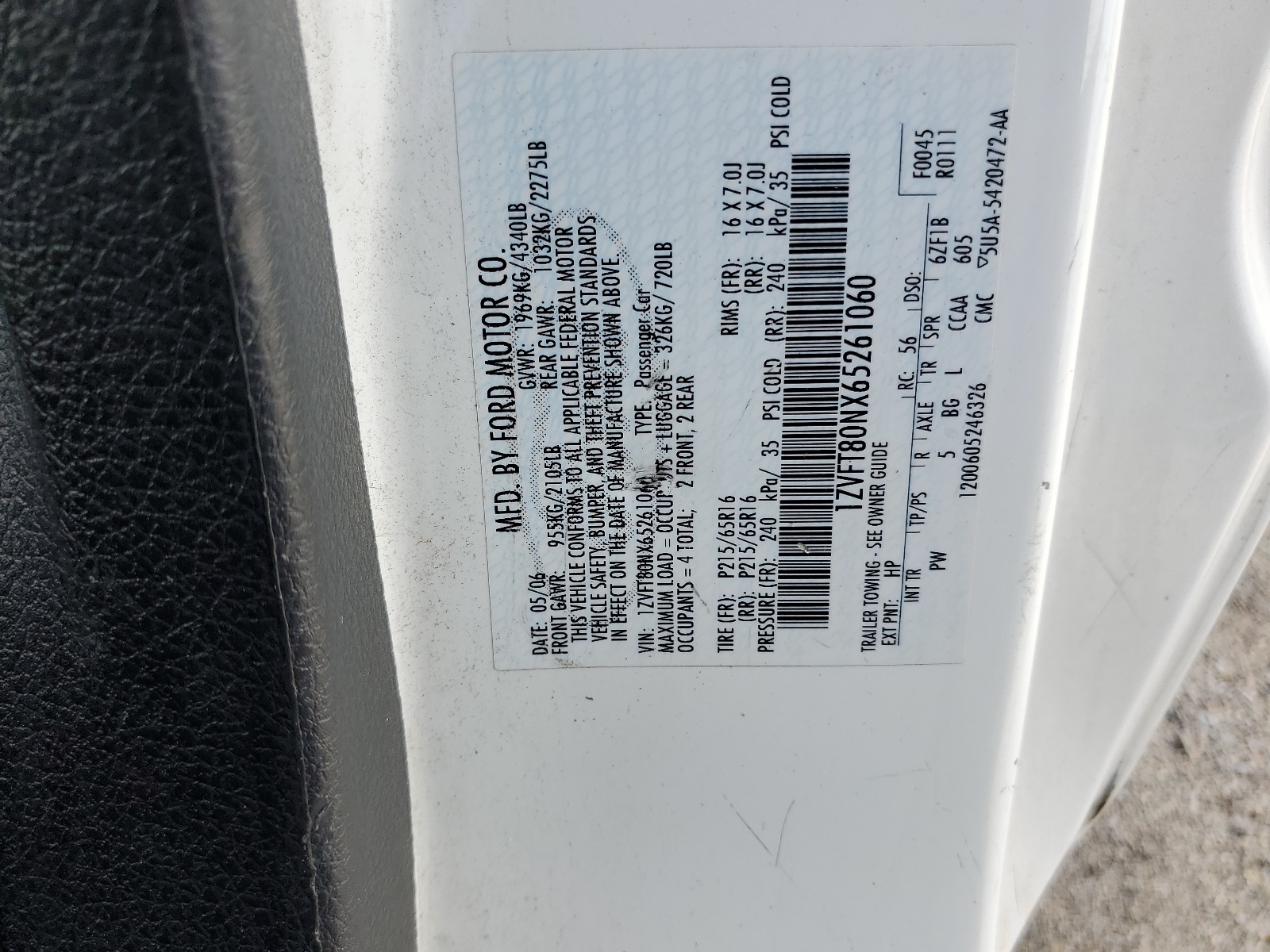 1ZVFT80NX65261060 2006 Ford Mustang