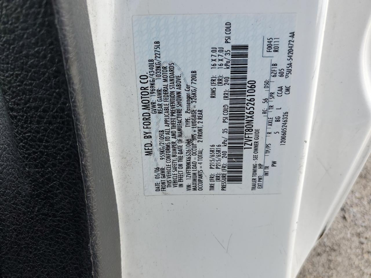 2006 Ford Mustang VIN: 1ZVFT80NX65261060 Lot: 63876074