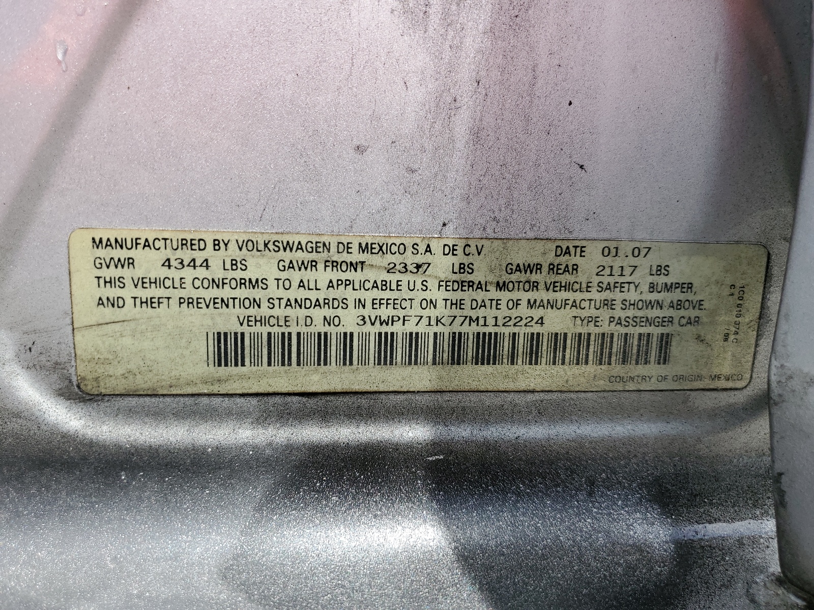 3VWPF71K77M112224 2007 Volkswagen Jetta 2.5