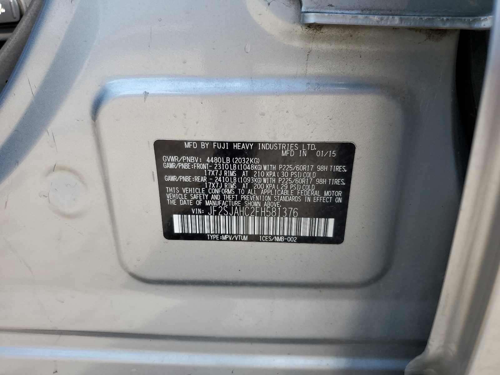 JF2SJAHC2FH581376 2015 Subaru Forester 2.5I Limited