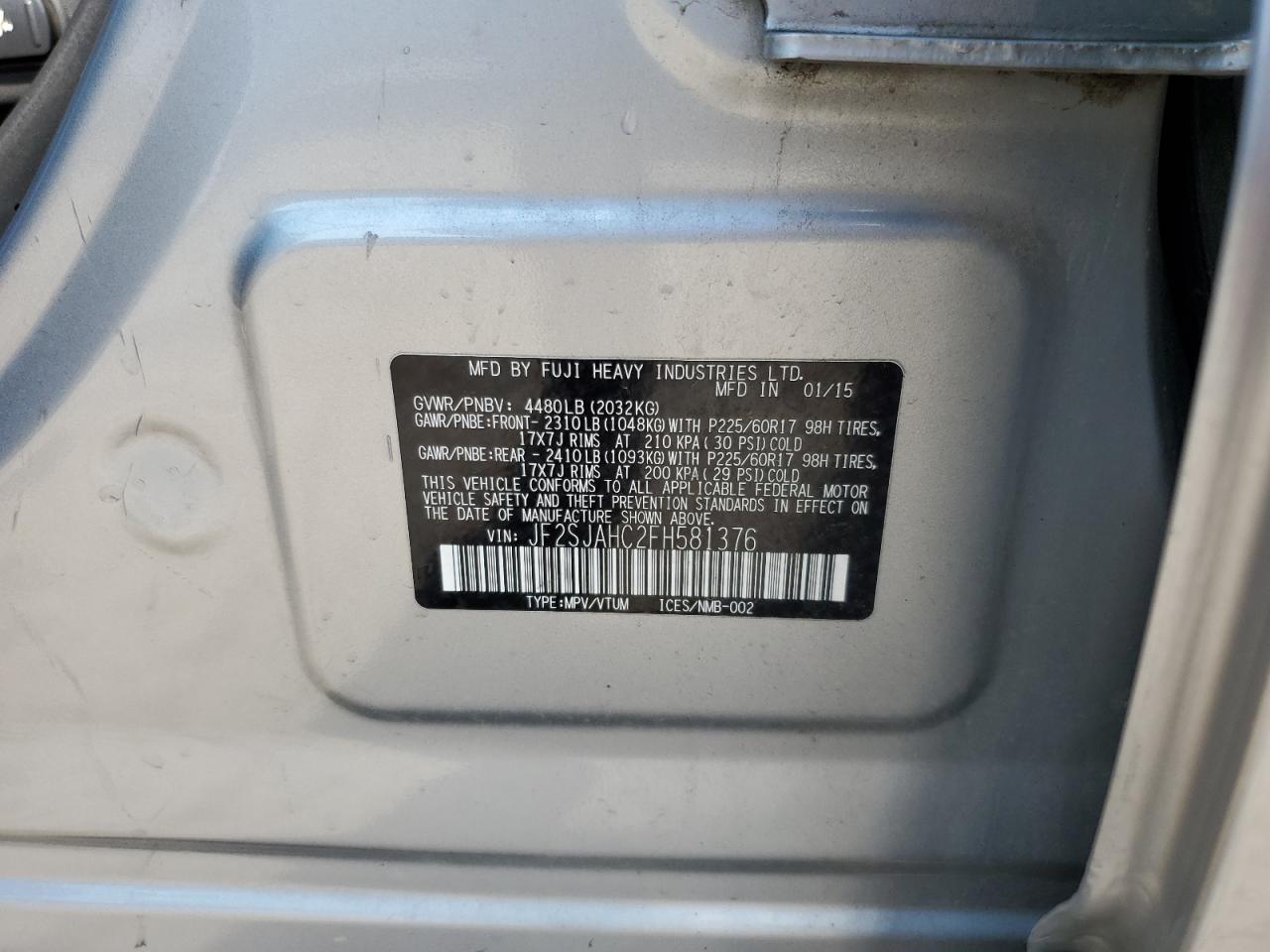 2015 Subaru Forester 2.5I Limited VIN: JF2SJAHC2FH581376 Lot: 63514134