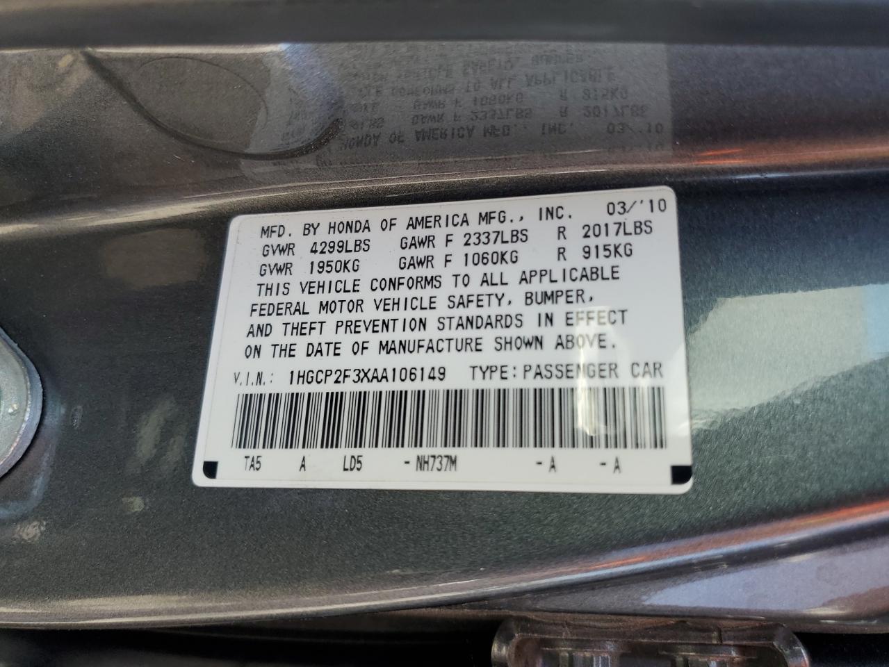 2010 Honda Accord Lx VIN: 1HGCP2F3XAA106149 Lot: 64264104