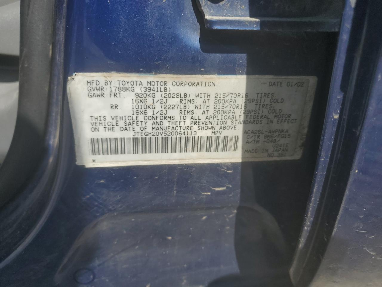 2002 Toyota Rav4 VIN: JTEGH20V520064113 Lot: 63182234