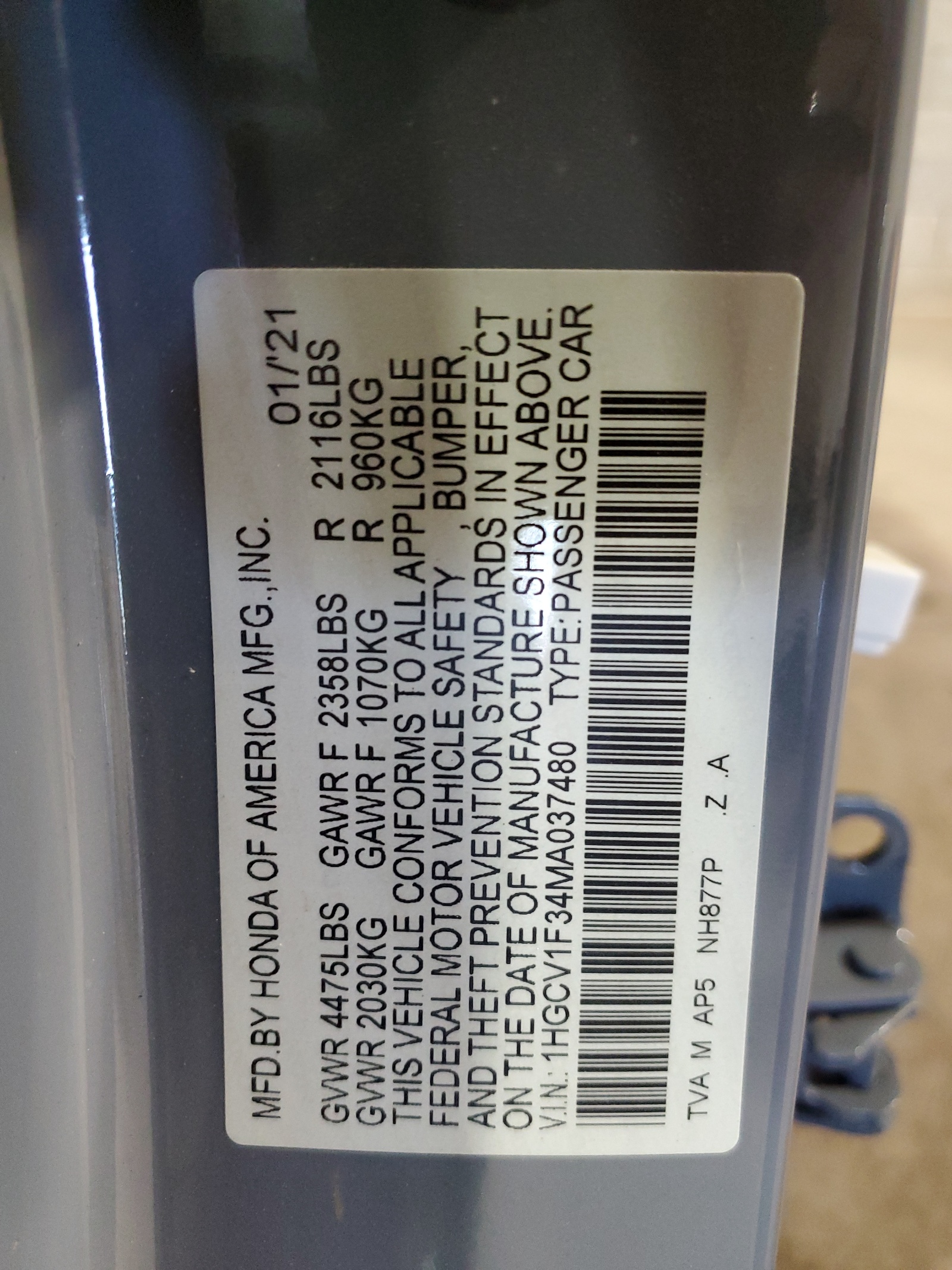 1HGCV1F34MA037480 2021 Honda Accord Sport