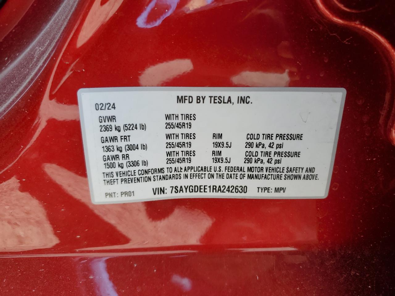 2024 Tesla Model Y VIN: 7SAYGDEE1RA242630 Lot: 75264324